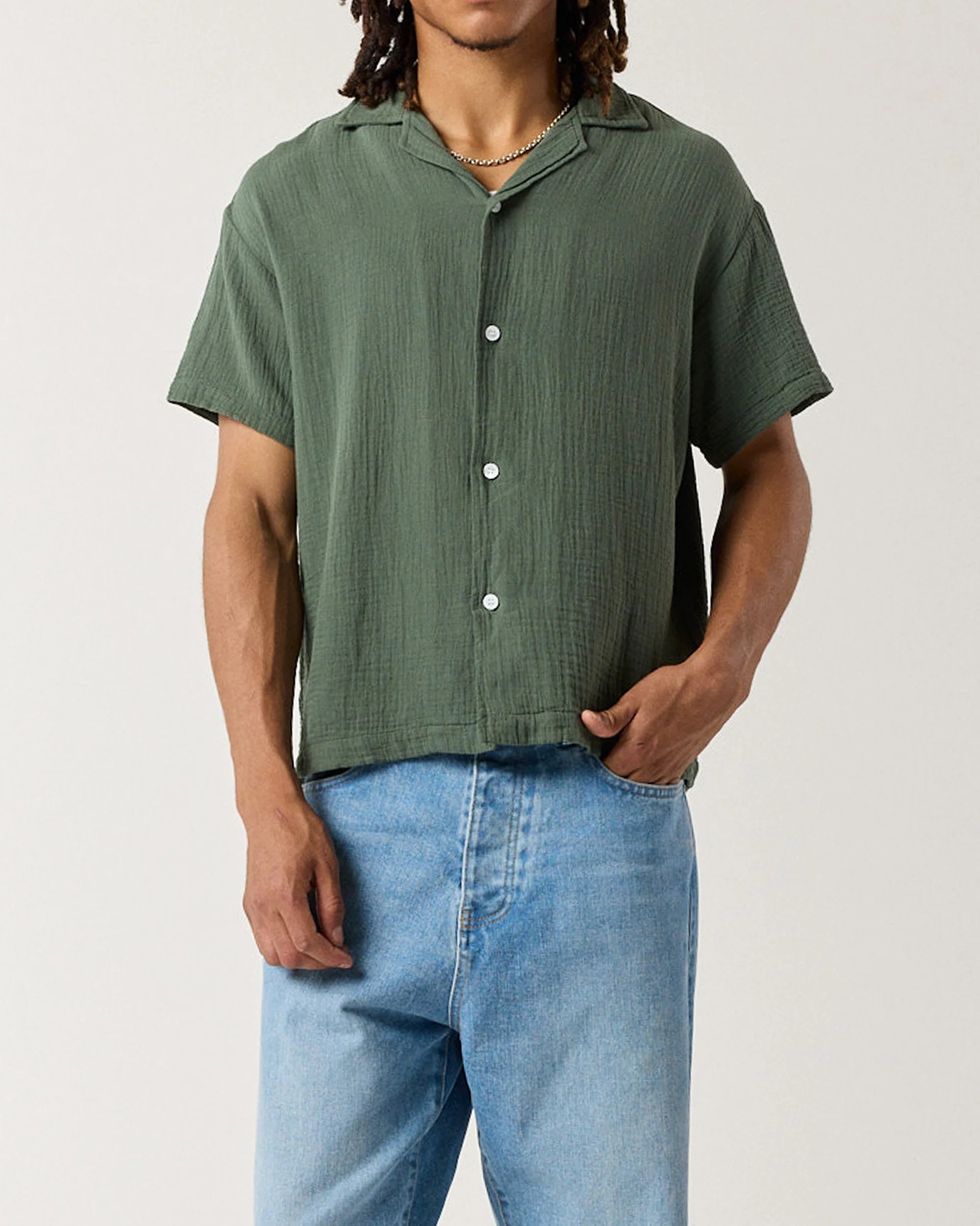 Short Sleeve Crinkle Shirt - Sage Green - Image 3