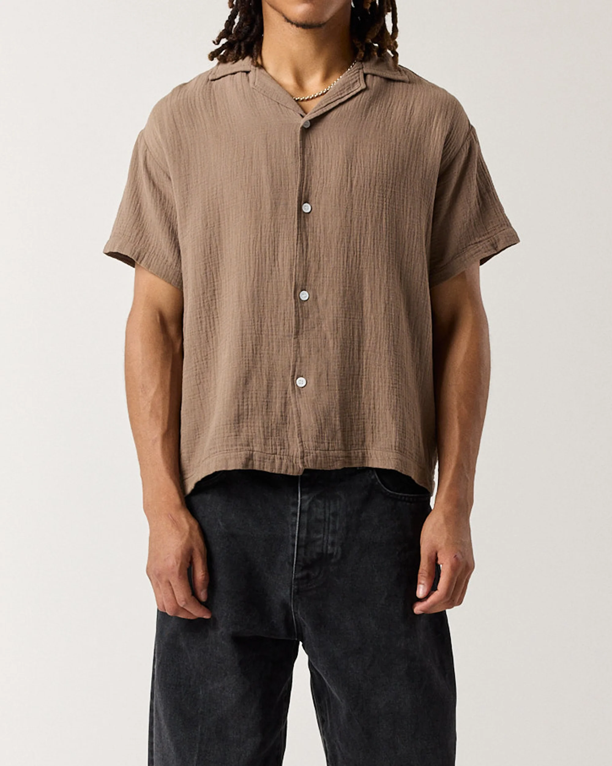 Short Sleeve Crinkle Shirt - Walnut - Image 3